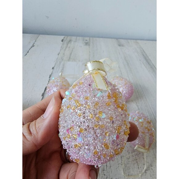 Pier 1? Pink glitter egg Easter ornament gold sparkle beaded unique vintage Xmas - Picture 3 of 6